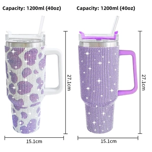 Detail of 40oz rhinestoned cow print tumbler showing capacity and 27.1cm height dimensions