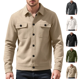 Men's khaki waffle textured long sleeve jacket with lapel and dual chest pockets