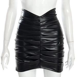 Women's black high-waisted PU leather mini skirt with elegant ruched details in a slim fit