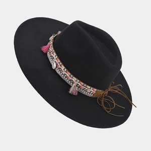 British vintage black wide brim felt fedora with bohemian tassels and shell accents