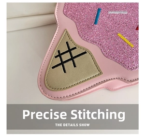 Close-up of pink leather ice cream bag with sequins and precise stitching details