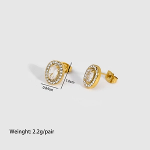 Detailed view of oval gold stud earrings with size specs and weights 1.0cm x 0.84cm
