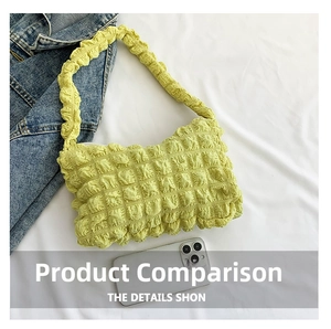 Detail of pale yellow puffy bubble texture shoulder bag with mobile phone for size scale