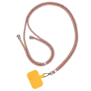 Detail view of multi-color braided phone lanyard with adjustable silver metal buckle