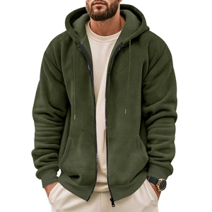 Men's olive green waffle knit zip-up hoodie with drawstring and soft textured fabric