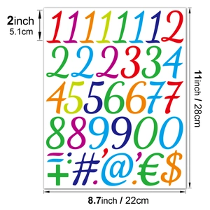 Detail of 2-inch waterproof vinyl letter and number stickers showing multi-color symbols