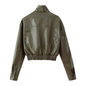 Deep olive green faux leather cropped jacket with high collar and elastic hem, back view