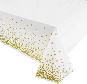 White party tablecloth featuring elegant gold foil polka dots on the bottom edge