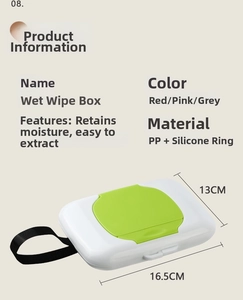 Detail showing portable wet wipe box dimensions 16.5x13cm with silicone seal and hanging strap