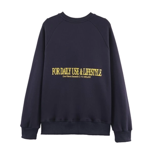 Navy blue crewneck sweatshirt with yellow back print for daily use and lifestyle