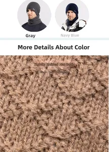 Detail of winter knit beanie and neck warmer set with warm fleece lining texture