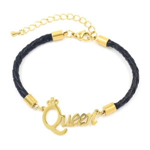 Detailed view of black braided leather bracelet with golden Queen crown charm and clasp