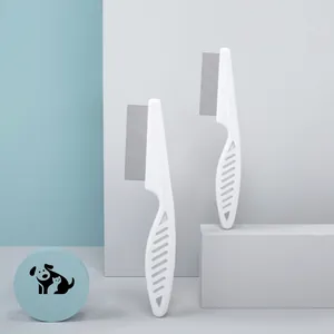 Set of two flea combs with fine steel pins and ergonomic white non-slip handles