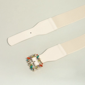 Elastic white waist belt with colorful gemstone buckle and gold metal hardware for dresses