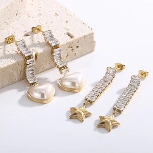 Elegant gold heart pearl and star tassel earrings with rectangular zircons on stone
