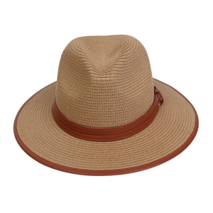 Close-up of khaki straw fedora featuring brown leather band and detailed woven texture
