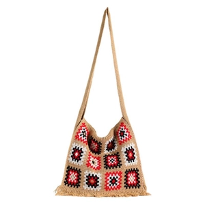 Knitted crochet tote bag with colorful granny square floral pattern and fringe