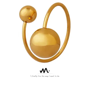 Bague Ajustable Ouverte Double Boule Acier Inoxydable Titane Bijoux Minimalistes Géométriques Pour Femmes Mode