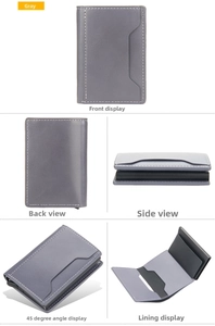 Detail view of grey RFID blocking slim wallet with white stitching and card slot features