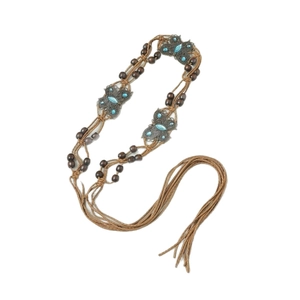 Bohemian braided waist belt with turquoise butterfly charms and wooden beads on white base