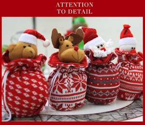 Detail of Christmas knitted drawstring gift bags featuring Santa, elk, bear and snowman characters