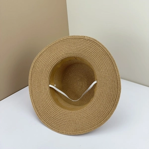 Flat brim handmade straw hat with interior sweatband and adjustable elastic chin strap