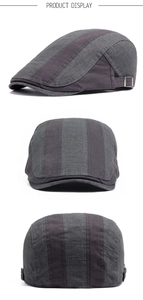 Multi-angle view of vintage cotton beret hat showing side metal buckle and striped pattern