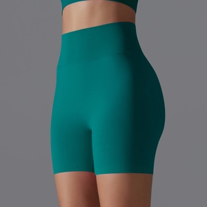 Detail of high-waisted seamless yoga shorts featuring a ribbed waistband in teal blue