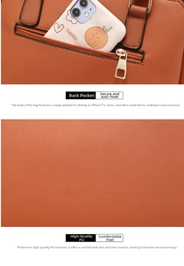 Detail of brown PU leather bag featuring a secure anti-theft back zipper pocket for phone