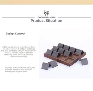Detail view of walnut wood jewelry organizer with 12 modular grey microfiber earring slots