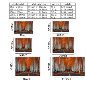 Size guide for birch forest wall tapestry with various dimensions for home decoration