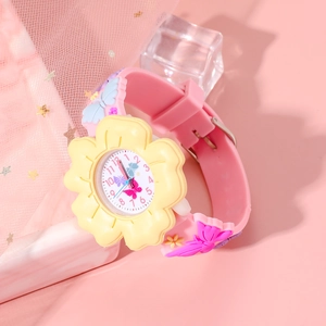 Detailed shot of kids watch with yellow flower case and pink silicone butterfly strap