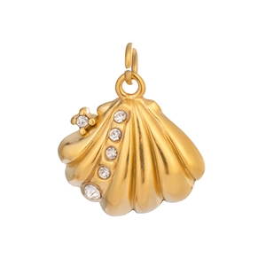Detailed view of 18K gold shell pendant with sparkling zircon inlays and shiny finish