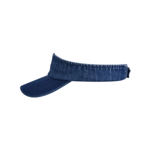 Detail of navy blue washed cotton sun visor with durable stitching and curved brim