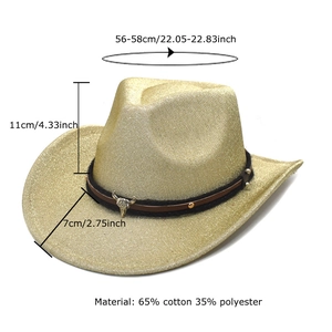 Chapeau de cowboy doré scintillant avec tête de taureau et bande en cuir, 56-58cm
