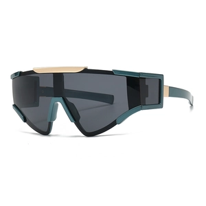 Modern oversized shield sunglasses in dark green with stylish gold metal top bar