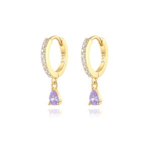 Detail of S925 sterling silver stamp on gold-plated hoop with purple teardrop gem