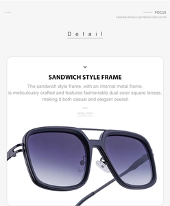 Detail of square frame sunglasses with sandwich style structure and built-in metal frame