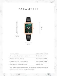 Detailed dimensions of the square green watch dial and strap for women's quartz watch