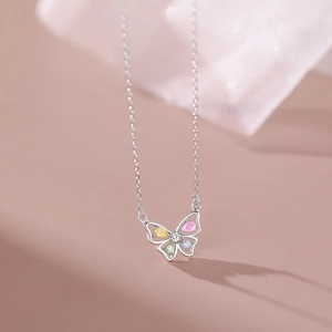 Elegant S925 sterling silver butterfly necklace with colorful ice flower zircon stones