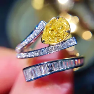 Bague En Cuivre Zircone Jaune Forme Poire Luxe Design Contourné Multi Couches Pavé Pierres Rondes Baguettes Femmes
