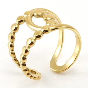 Polished golden hollow double-band open ring with beaded edges in a minimalist design