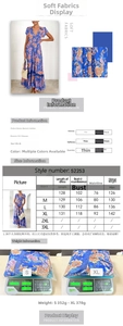 Detailed size chart for V-neck maxi dress with smocked waist and button ruffle details