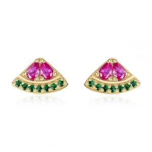 Detailed macro view of watermelon stud earrings with pink and green zircon stones