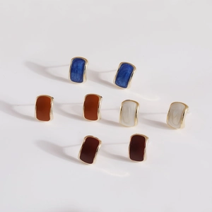 Vintage Geometric Rectangular Stud Earrings With Enamel Glaze And 925 Sterling Silver Earring Post For Women