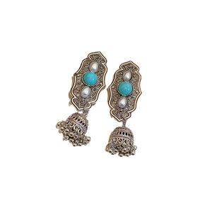 Ethnic style silver hollow earrings with turquoise beads and delicate bell charms