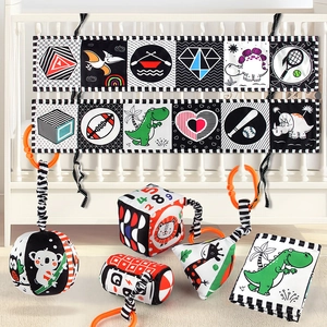 High contrast black white red soft baby cloth book set with animal patterns and rings