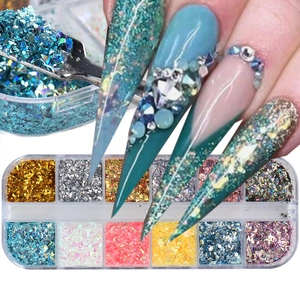 Close-up of blue nail glitter application from a 12-slot colorful laser sequin set