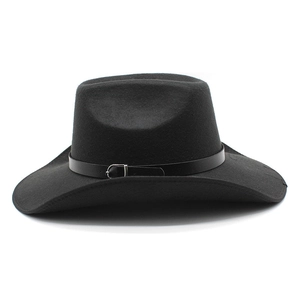 Detail of the black wool fedora featuring a leather band and silver metal buckle