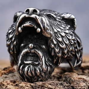 Macro shot of Viking Berserker ring showing detailed bear helmet and bearded warrior face